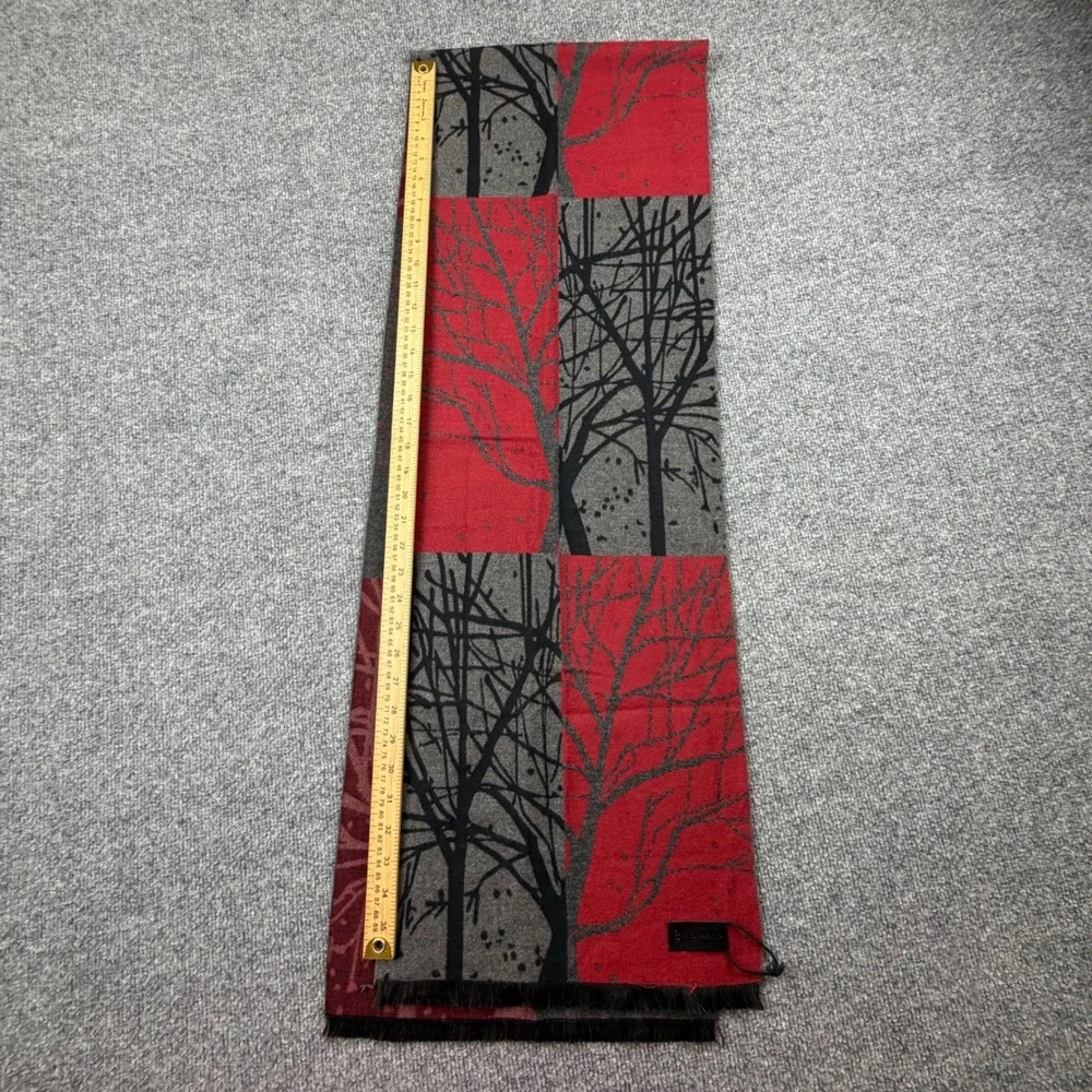 Mio Marino Red Grey Tree Silhouette Knit Winter Scarf Eyelash Fringe Logo Patch